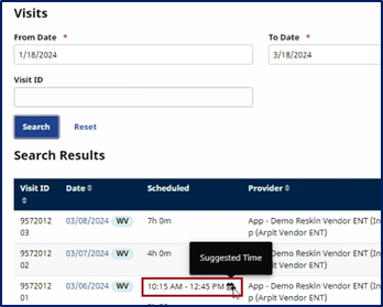 Patient Visit Page – Suggested Schedule Time